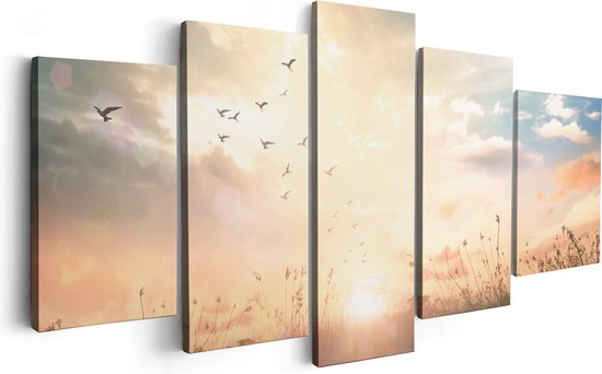 Artaza Canvas Schilderij Vijfluik Silhouet Vogels Tijdens Zonsopkomst - 200x100 - Groot - Foto Op Canvas - Canvas Print
