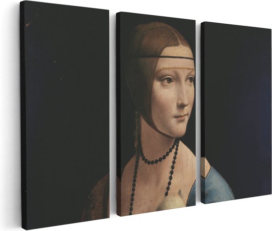 Artaza Canvas Schilderij Drieluik De Dame met de Hermelijn - Leonardo da Vinci - 180x120 - Groot - Foto Op Canvas - Canvas Print