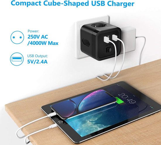 Multiprise Cube USB, 7 en 1 Chargeur USB Multiprises avec 3 Sortie AC  (4000W), 3 Ports