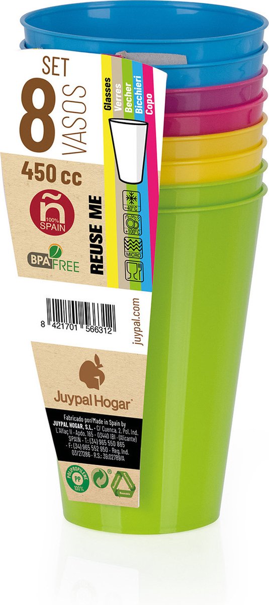 Juypal drinkbekers - 8x - multi - kunststof - 450 ml - herbruikbaar - BPA-vrij