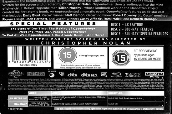 Achterkant van de Oppenheimer 4K UHD + Blu-ray. Bevat recensies en productinformatie.