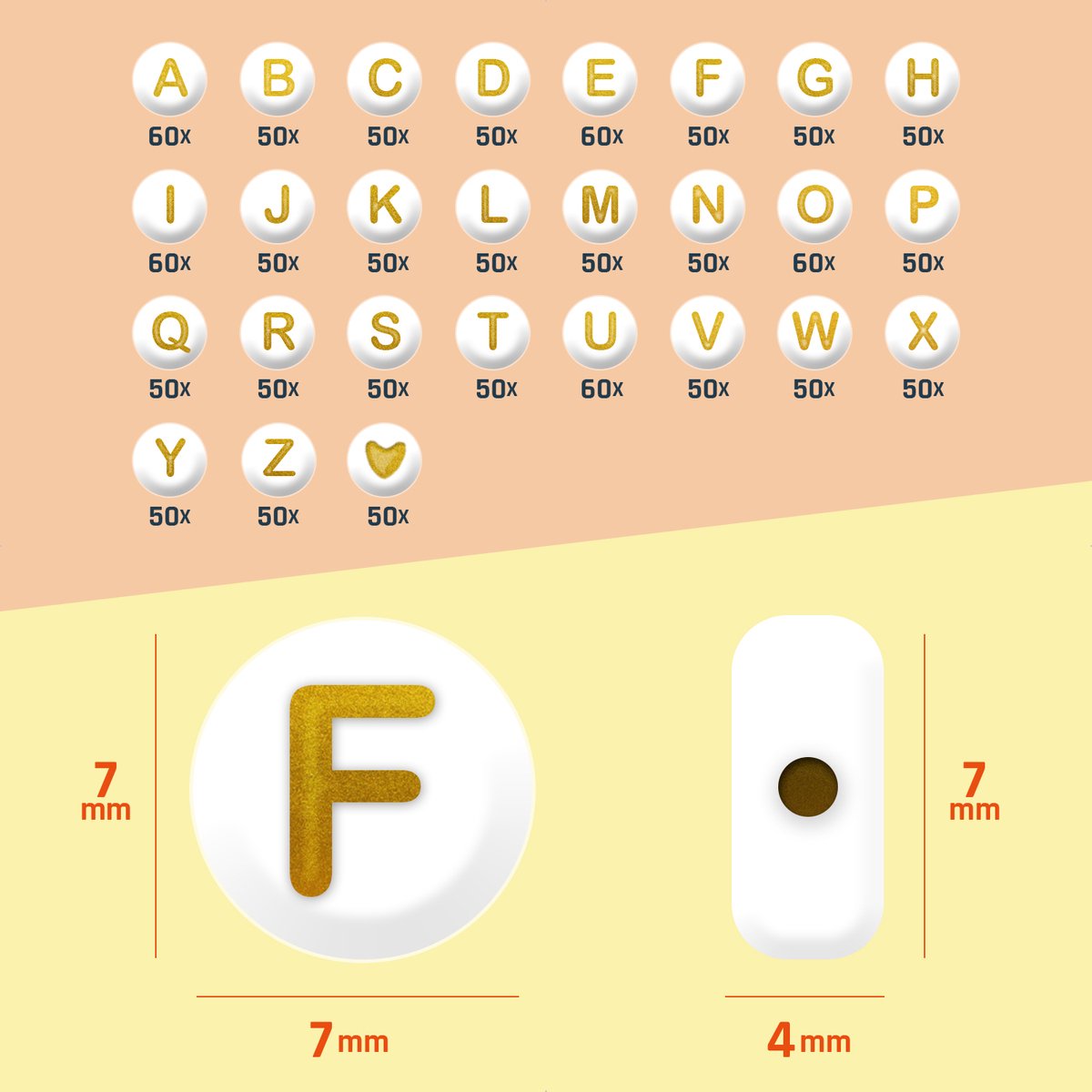 Letterkralen Kralen Set voor Sieraden maken - Alfabet kralen voor ketting/armband/telefoonkoord etc. - Acryl – Wit met goudkleurige letter - 7 mm - 1400 stuks gesorteerd — afbeelding 5