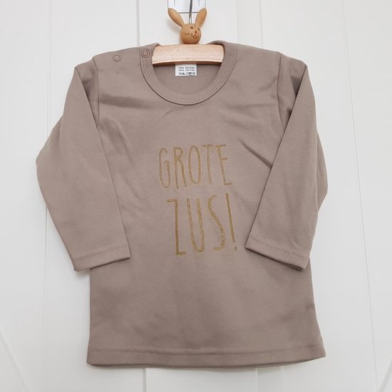 Shirt Ik word grote zus | lange mouw T-Shirt | beige met goud | maat 74 |big sis sister zwangerschap aankondiging bekendmaking big sis sister