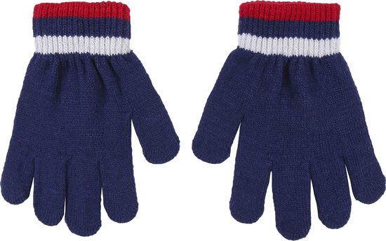 Donkerblauwe gebreide handschoenen met witte en rode strepen op de boord.