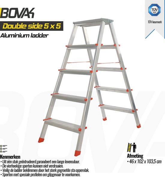 Bovak 5x5 aluminium ladder, 46x102x103,5cm, robuust en slipvast ontwerp, TÜV-gecertificeerd.