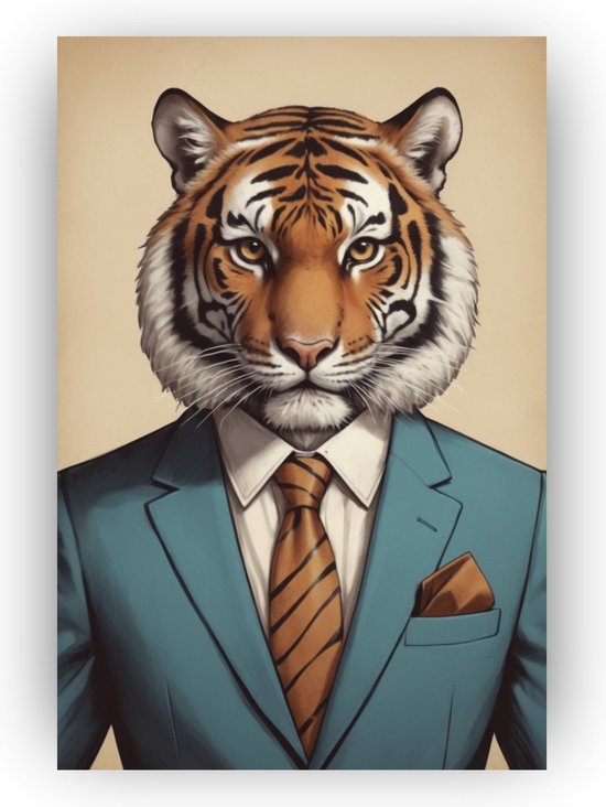Tijger in pak - Tijger poster - Vintage poster - Muurdecoratie tijger - Poster vintage - Geschikt om in te lijsten - 50 x 70 cm