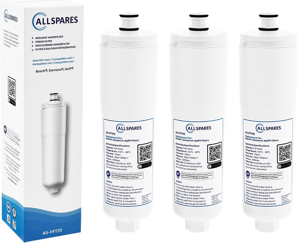 AllSpares Waterfilter (3x) voor koelkast geschikt voor Bosch / Siemens / Neff CS-52