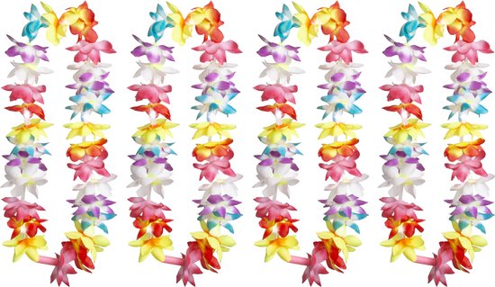 Boland Hawaii krans/slinger - 4x - Met LED lichtjes - Tropische/zomerse kleuren mix - Bloemen