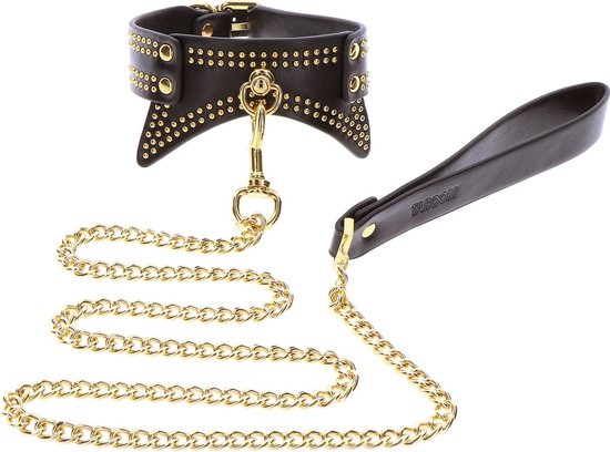 Zwarte taboom kraag met gouden studs en ketting, met handvat.