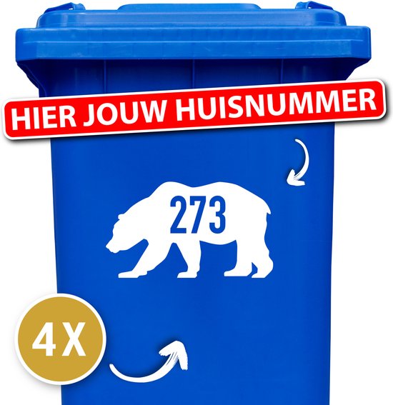 Container sticker - Container Sticker Huisnummer - Variant: Beer - Kleur: Wit - Aantal: 4 Stuks - Stickers volwassenen - Cijfer stickers - Container stickers - sticker - stickers