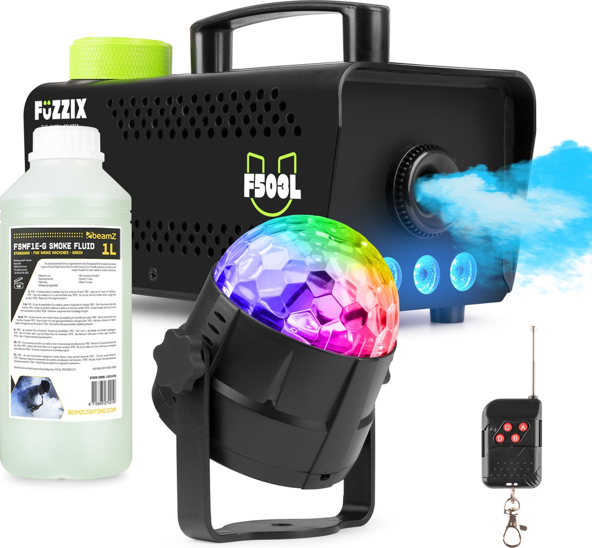 Fuzzix Partyset met F503 rookmachine met LED - 1L rookvloeistof - Tornado Discolamp - Fuzzix