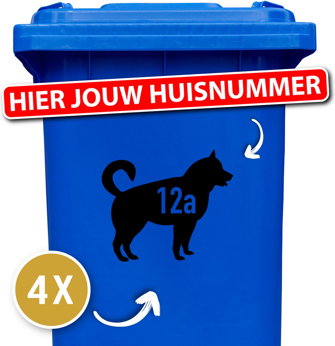 Container sticker - klikostickers - kliko sticker voordeelset - 4 stuks - Akita - container sticker huisnummer - zwart - vuilnisbak stickers - container sticker hond