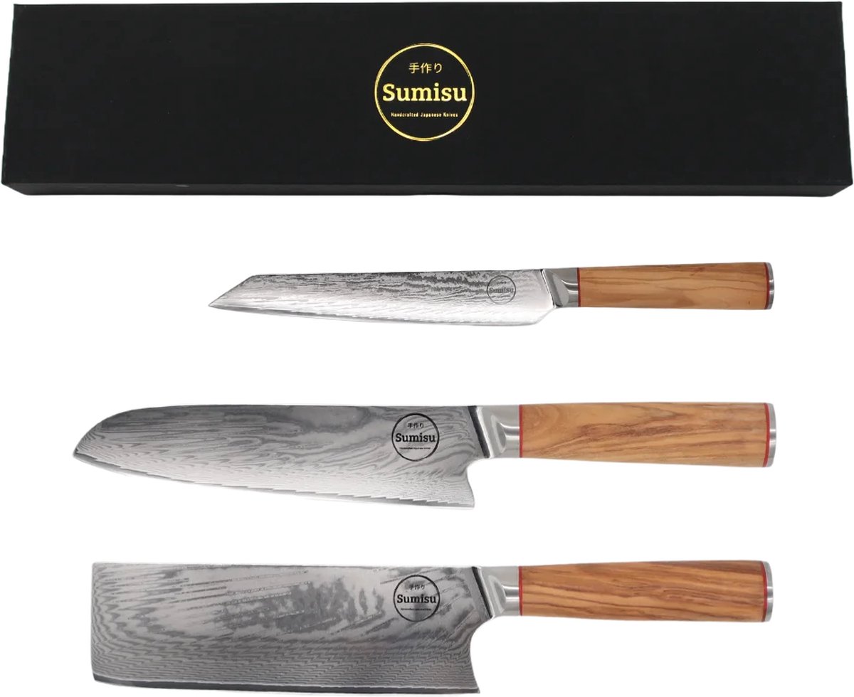 Sumisu Knives - Japanse messenset 3-delig - Wood collection - 100% damascus staal - Hobbykok messenset - Geleverd in luxe geschenkdoos - Black Friday Deal