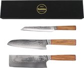 Sumisu Knives - Japanse messenset 3-delig - Wood collection - 100% damascus staal - Hobbykok messenset - Geleverd in luxe geschenkdoos