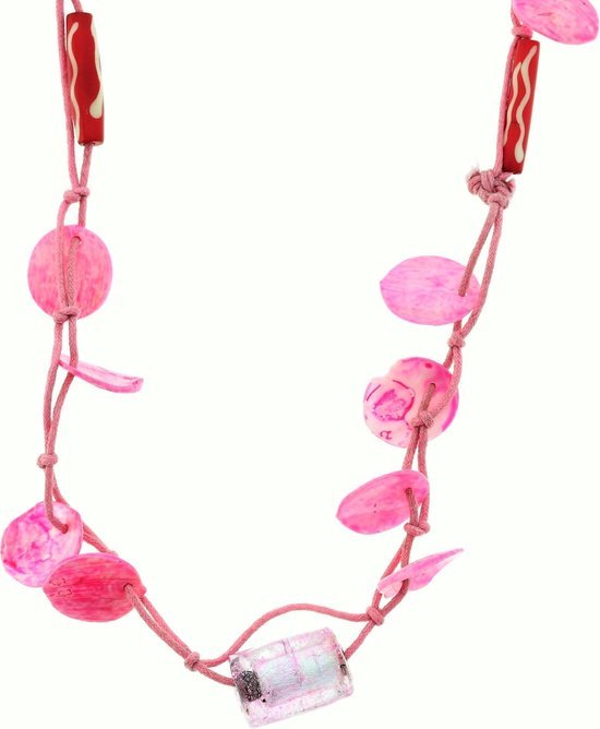 Behave Lange roze ketting van touw met schelpen en glaskralen