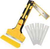 Wallpaper Remover with 5 Blades 100 mm, Handle with Can Store Blades, Floor Scraper, Paint Scraper for Removing Wallpaper and Floor Tile Adhesive, Paint, Decals, Yellow