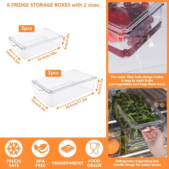 FINEW Koelkastorganizer - set van 6 Opberbakken Bijkeuken (medium
