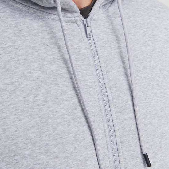 Grijze hoodie met rits, koordjes en nekdetail.