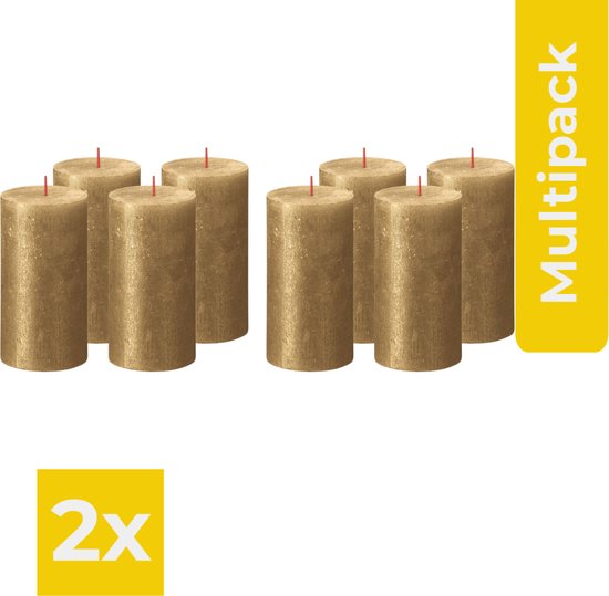 Bolsius Stompkaarsen Shimmer 4 st rustiek 130x68 mm goudkleurig - Kaarsen - Voordeelverpakking 2 stuks