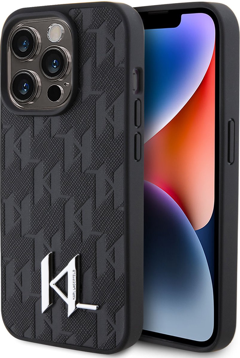 Karl Lagerfeld iPhone 15 Pro Hardcase hoesje – Hot Stamp – KL Metal Logo – Monogram – Zwart