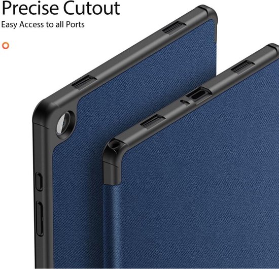 Étui tablette bleu avec découpes précises pour les boutons et les ports.