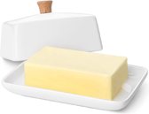 Beurrier et couvercle en céramique (8" de large) - Récipient en porcelaine de conservation du beurre Est/Ouest pour plan de travail de cuisine adapté aux bâtonnets ou Blocs de beurre de 8 oz (Wit)