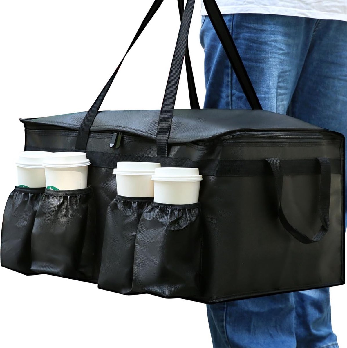 3 Herbruikbaar, voor gekoelde en geïsoleerde levensmiddelen, ideaal om te winkelen (Zwart) Thermal Cooler Bag Thermal Cooler Bag, zwart, Isolatiezak met bekerhouder