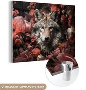 MuchoWow® Glasschilderij 120x90 cm - Schilderij acrylglas - Wolf - Dier - Bloemen - Botanisch - Natuur - Fantasie - Foto op glas - Schilderijen