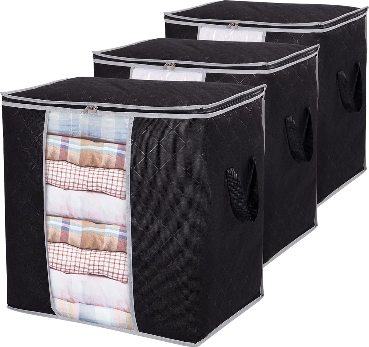 3 stuks 90 l opbergtas, opvouwbare verhuisdozen met versterkte handgreep, kledingopbergdoos, kledingopslag voor dekbedden, kleding, beddengoed, kledingkast, zwart