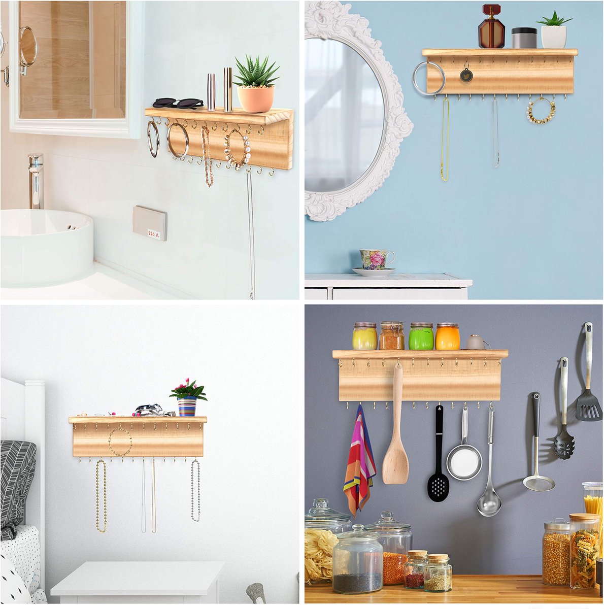 2 Organisateurs Bijoux Muraux Spiretro - Bois Turquoise, étagère, Crochets, Barre Métal - Rangement Colliers Boucles D'oreilles