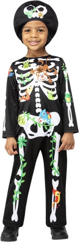 Smiffy's - Spook & Skelet Kostuum - Levendige Dierentuin Jungle Skelet Kind Kostuum - Zwart - Maat 116 - Halloween - Verkleedkleding