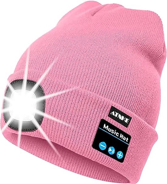 Muts met LED verlichting - Bluetooth muziek functie - Beanie Roze - USB-oplaadbaar - 4 helder licht LED lampen - 3 standen - One-size - Unisex - Wasbaar