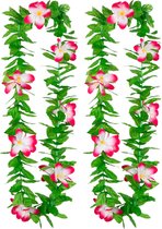Toppers in concert - Boland Hawaii krans/slinger - 2x - Tropische kleuren mix groen/roze - Bloemen hals slingers