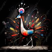 JJ-Art (Glas) 60x60 | Grappige pauw, Joan Miro stijl, modern surrealisme, kleurrijk, abstract, kunst | dier, vogel, humor, blauw, geel, zwart, wit, rood, vierkant | Foto-schilderij-glasschilderij-acrylglas-acrylaat-wanddecoratie