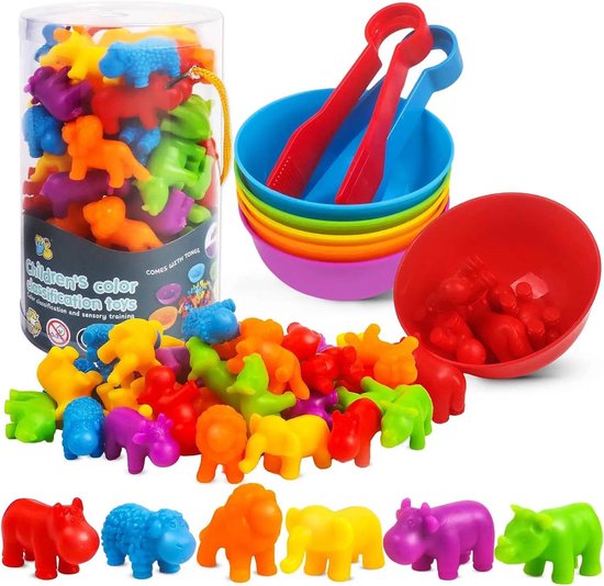 Montessori sorteer Speelgoed vanaf 3 - 4 - 5 jaar, 36x stuks Wilde dieren tellen kleurherkenning speelgoed, motoriek speelgoed, educatief speelgoed, cadeau voor kinderen, meisjes en jongens