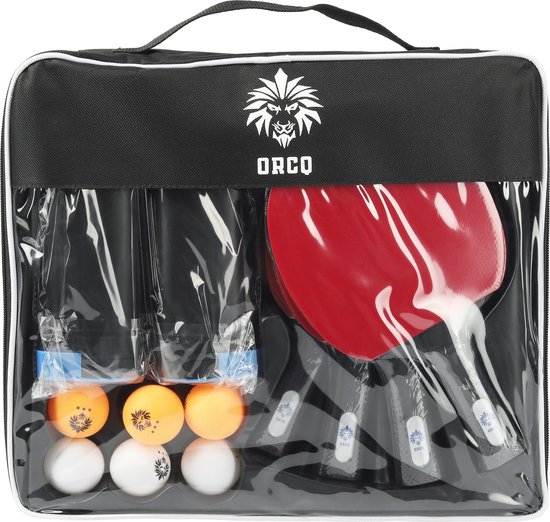 Zwarte draagtas met ritssluiting voor een tafeltennis set, met een wit leeuwenlogo en 'ORCQ' erop.