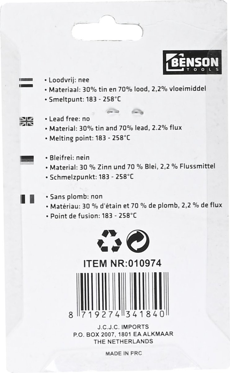 Benson Soldeertin - 1 mm - 8M Rol - met harskern - soldeerbout / solderen – foto 3
