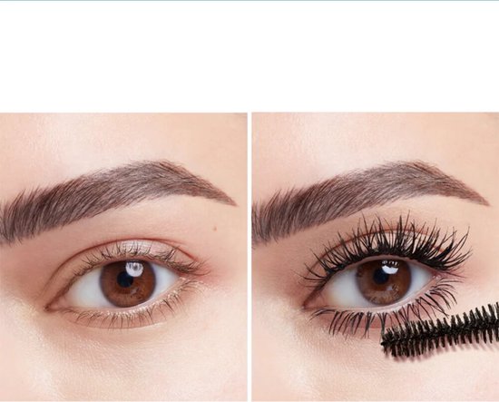 Voor en na foto van een oog. Links: onopgemaakte wimpers. Rechts: volle, lange wimpers na aanbrengen mascara.