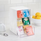 Theedoos - keukenorganizer/opbergbox voor theezakjes, koffiecups, zoetjes en meer - met 18 compartimenten en 3 lades/plastic - wit/doorzichtig