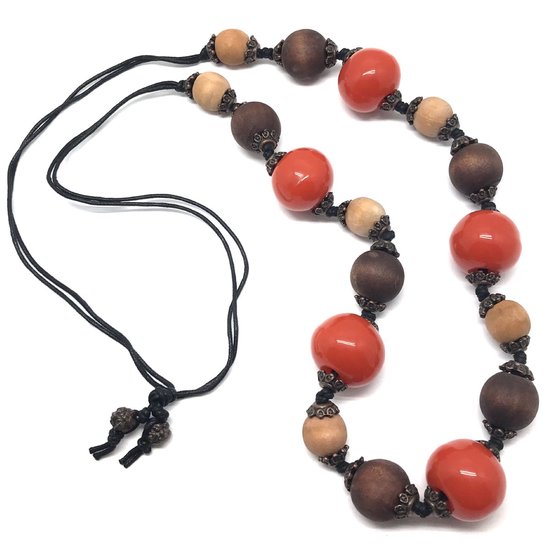 Behave Long collier de perles - marron - orange - perles en bois - acrylique 85 cm