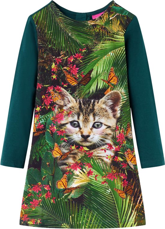 vidaXL-Kinderjurk-met-lange-mouwen-kattenprint-140-donkergroen