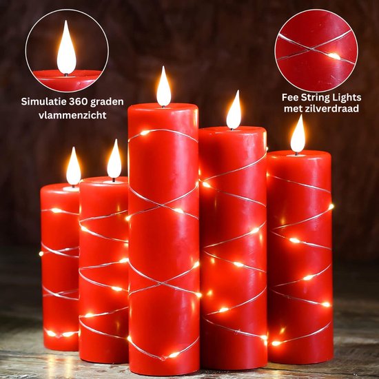 Ledkaarsen met ingebouwde lichtslinger - 5 leuke vlamloze kaarsen met afstandsbediening - 24-uurstimerfunctie - Perfecte decoratie voor de winter