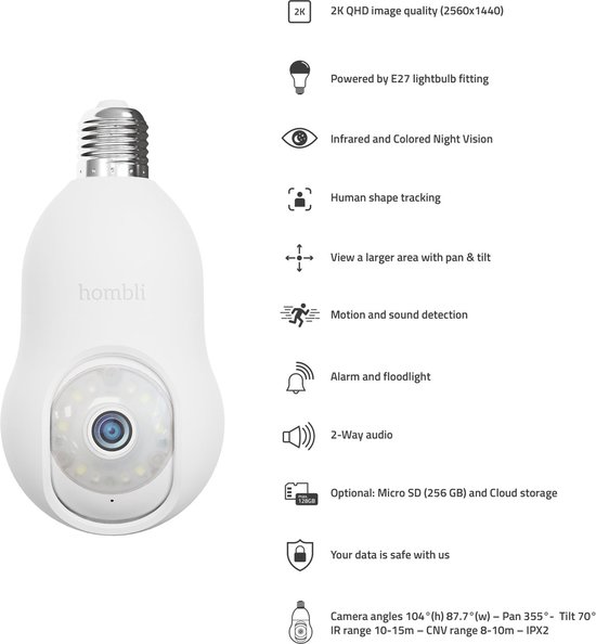 Hombli Beveiligingscamera - Bewakingscamera voor buiten met Fitting Montage - Floodlight camera - Outdoor camera - 2K - Gekleurd Nachtzicht - Bewegingsdetectie - Volgfunctie - Wit van Hombli — afbeelding 5