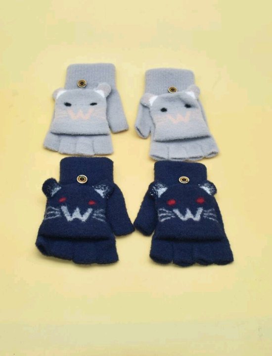 2 paar - handschoenen winter - meisjes - Cartoontekening - one-size - Vingerloos - gloves for winter - Donkerblauw en Grijs
