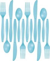 Couverts de party/ BBQ en plastique - 96 pièces - bleu clair - couteaux/fourchettes/cuillères - réutilisables