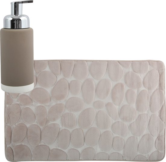 MSV badkamer droogloop mat/tapijt Kiezel motief - 50 x 80 cm - zelfde kleur zeeppompje 260 ml - beige
