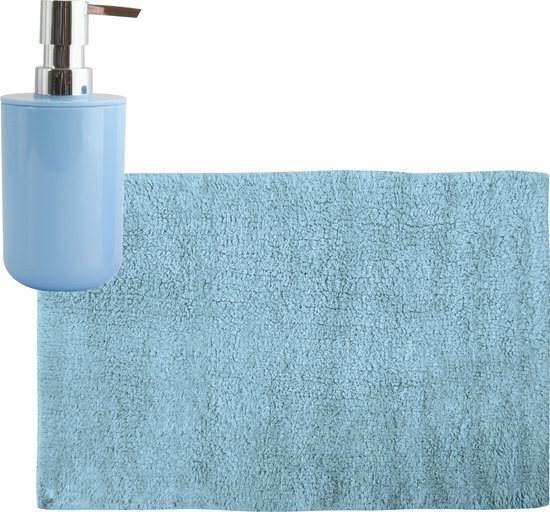 Tapis/tapis de séchage de salle de bain MSV - 40 x 60 cm - avec pompe à savon de la même couleur 260 ml - bleu clair