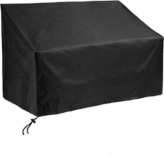 Housse noire pour un banc de jardin deux places, sur fond blanc.