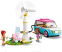 LEGO Friends-set met witte windmolen, zonnepanelen, stoel, hondje, turquoise auto met roze dak en twee poppetjes.