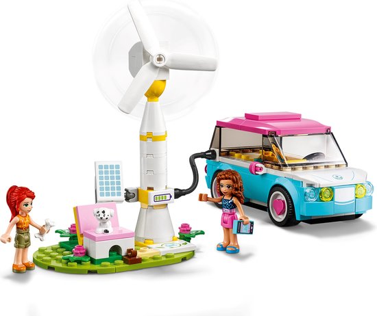 LEGO Friends-set met witte windmolen, zonnepanelen, stoel, hondje, turquoise auto met roze dak en twee poppetjes.